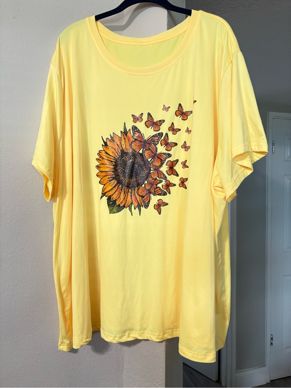 2 Tees - Yellow Sunflower/Butterflies and Coral Giraffe Graphic Plus Size